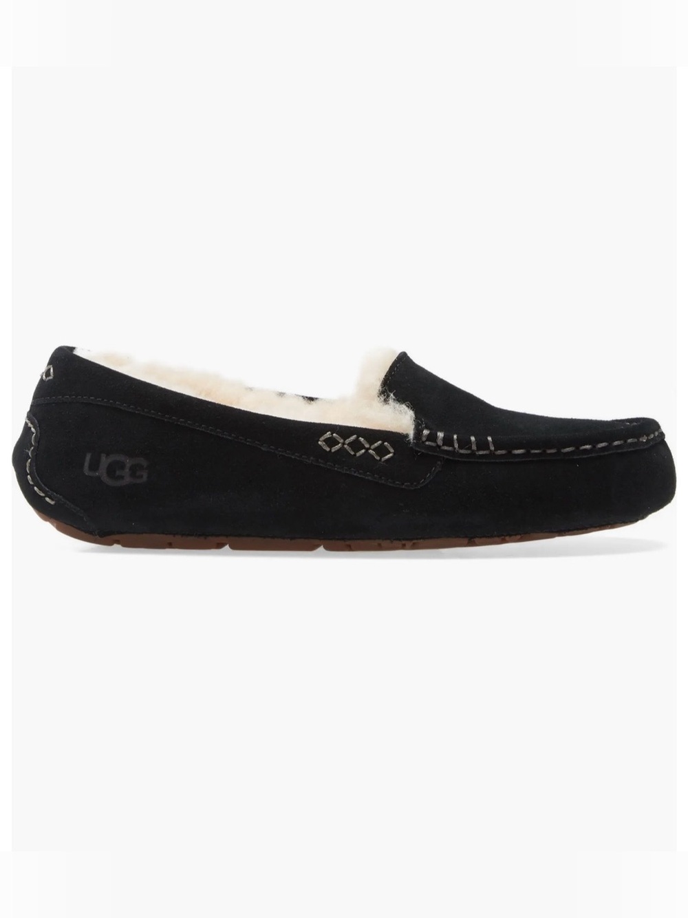 UGG Women's Ansley Moccasin Slippers in black suede with a plush wool lining NWT - Picture 5 of 11